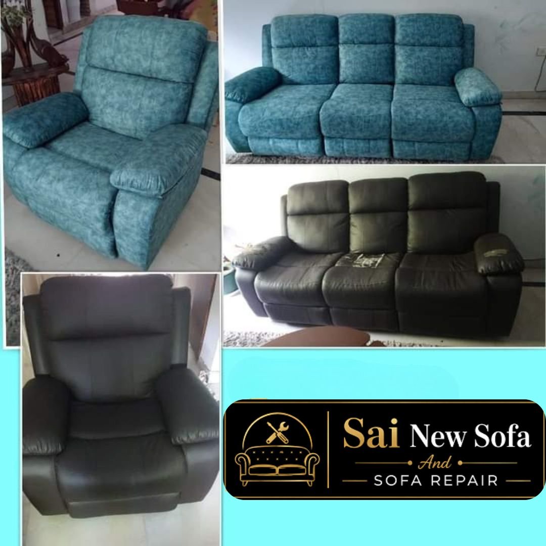 Before-and-after photos showcase sofa repair expertise and transformation.